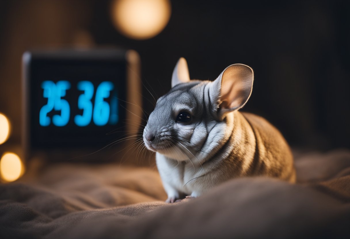 A chinchilla sitting comfortably in a cozy, dimly lit room with a thermometer on the wall reading around 65-75 degrees Fahrenheit