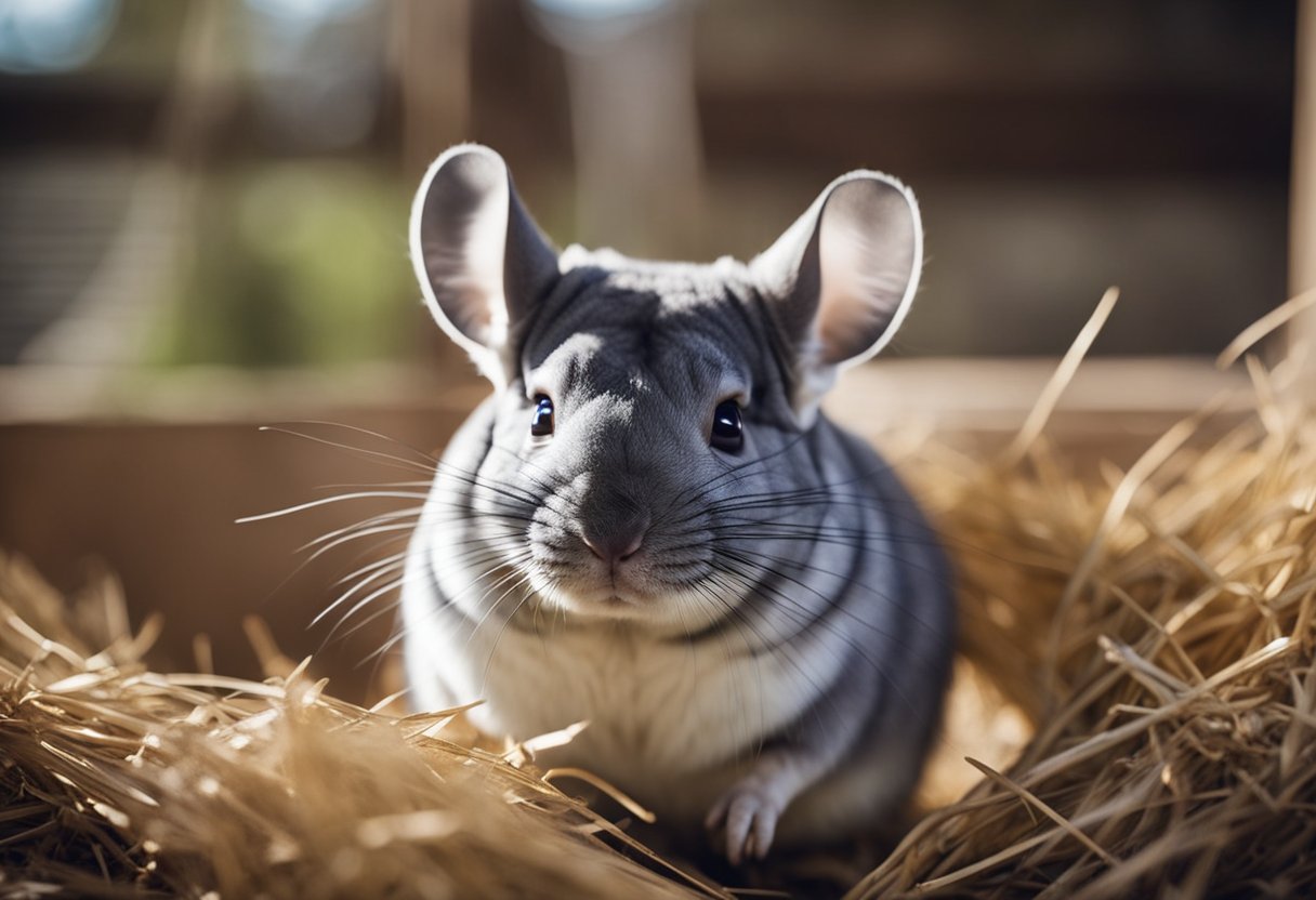 A chinchilla in a spacious, well-ventilated enclosure with a temperature between 60-70°F, plenty of bedding, and access to fresh water and hay