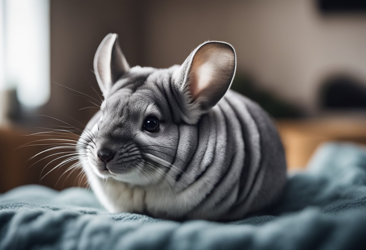 A chinchilla lounges in a cozy, temperature-controlled environment, surrounded by soft bedding and a temperature gauge on the wall