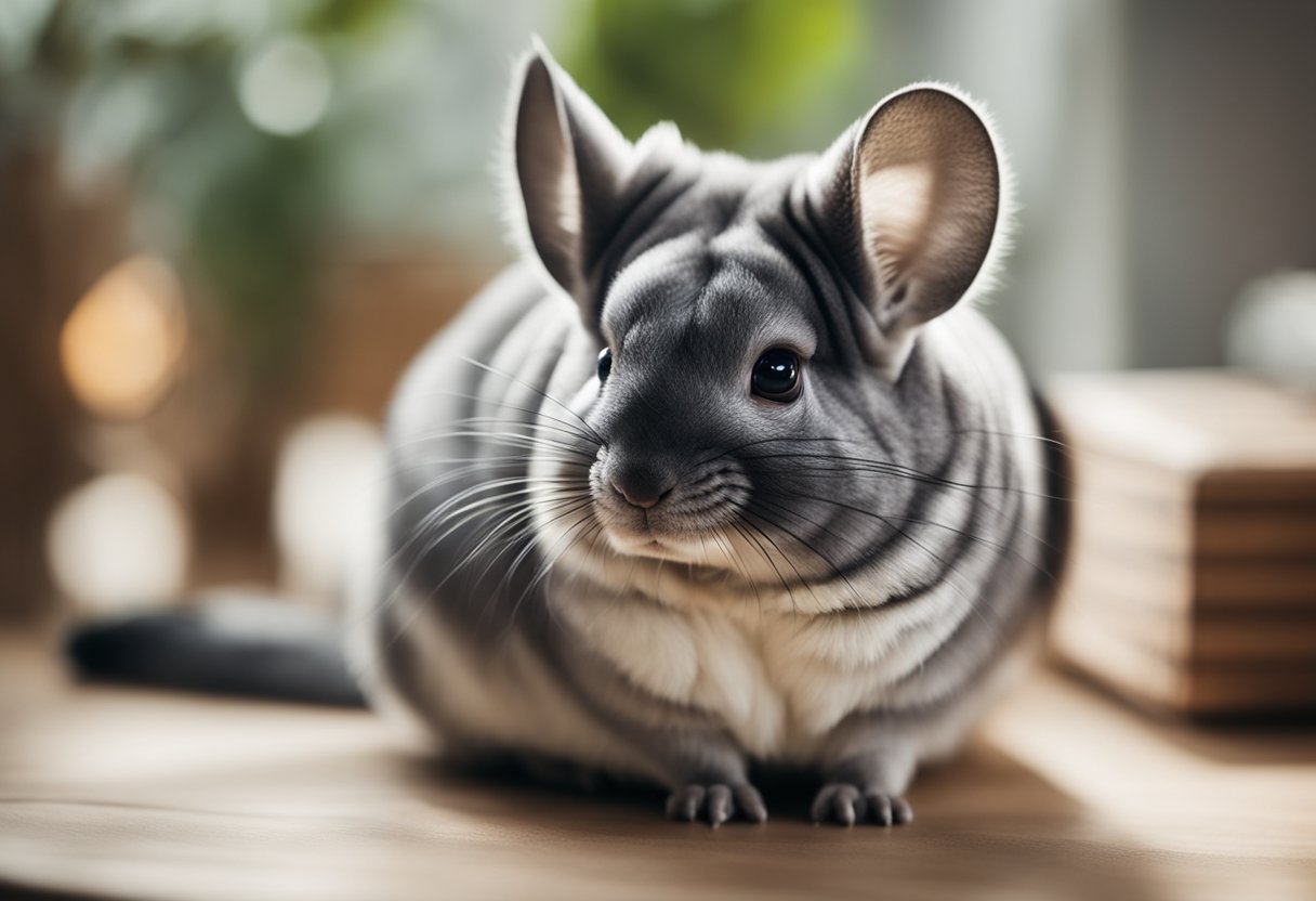 A chinchilla sitting in a cozy, warm environment with a thermometer displaying the ideal temperature for their comfort