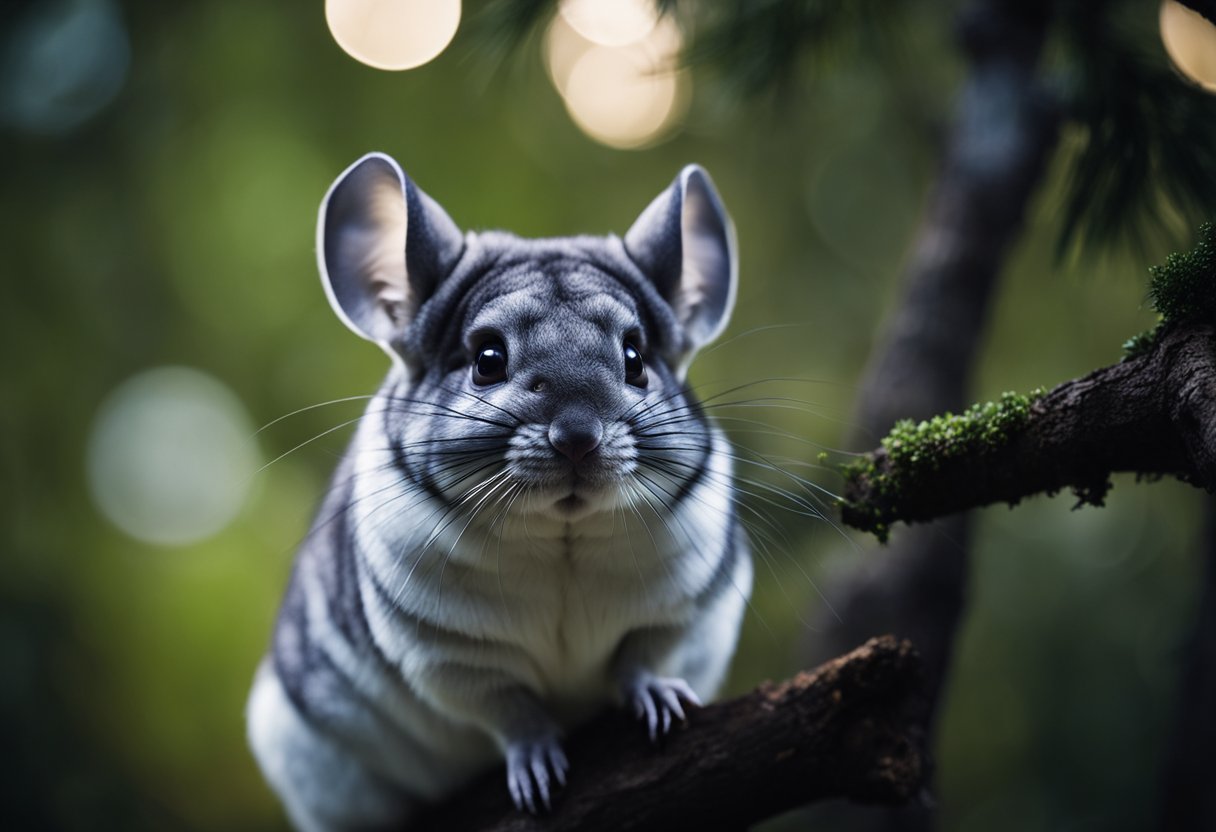 A chinchilla perched on a tree branch, its large eyes gleaming in the moonlight as it surveys the dark forest below