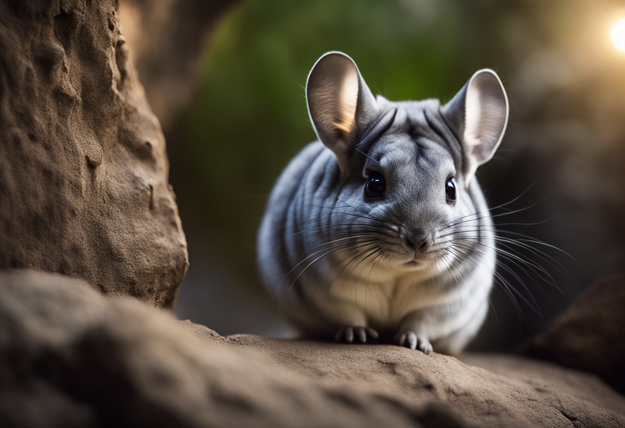 A chinchilla with large, wide-open eyes peers into a dimly lit cave, its whiskers twitching as it scans the darkness