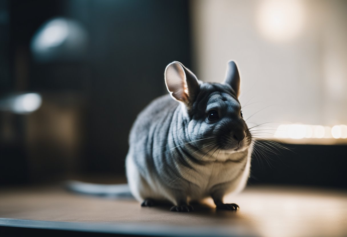 A chinchilla in a dimly lit room, peering around and sniffing the air for clues