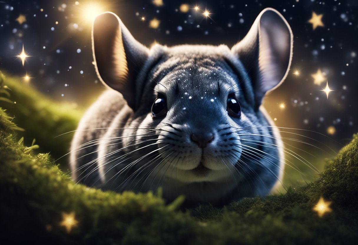 A chinchilla peers out from a dimly lit burrow, surrounded by glowing fireflies and twinkling stars in the night sky