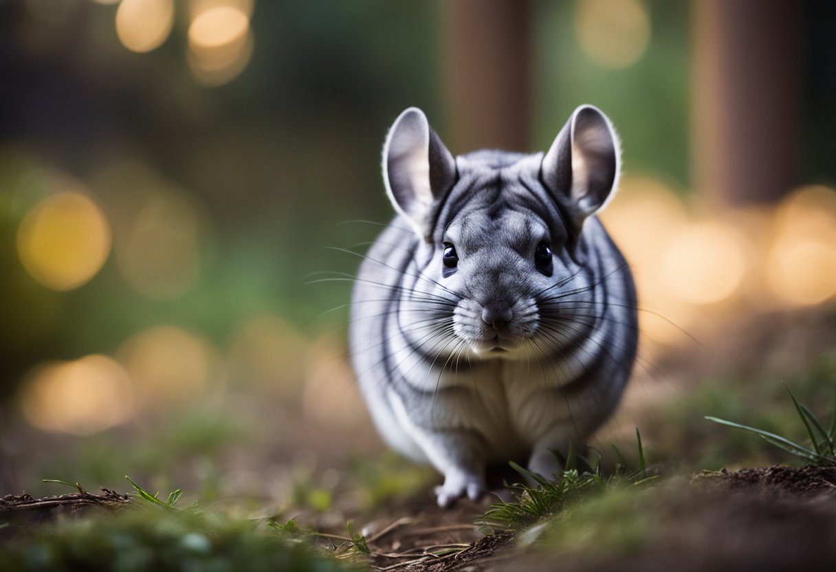 A chinchilla with large, alert eyes navigating through a dimly lit environment