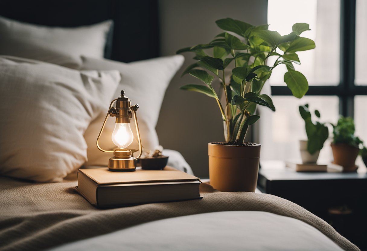 A vintage nightstand with a lamp, books, and a small plant sits beside a cozy bed in a stylish apartment bedroom