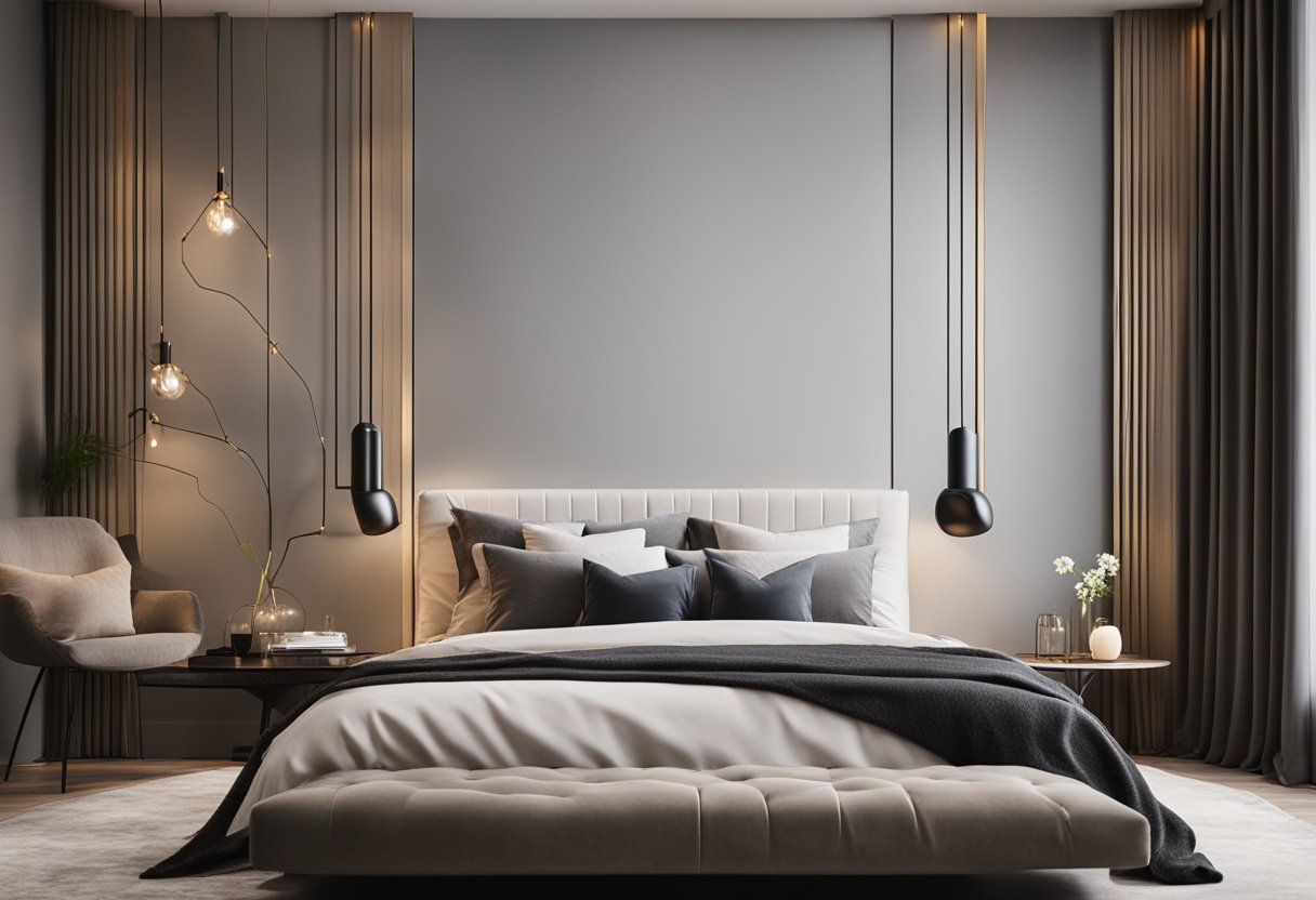 A modern bedroom with a statement headboard, minimal decor, and soft lighting