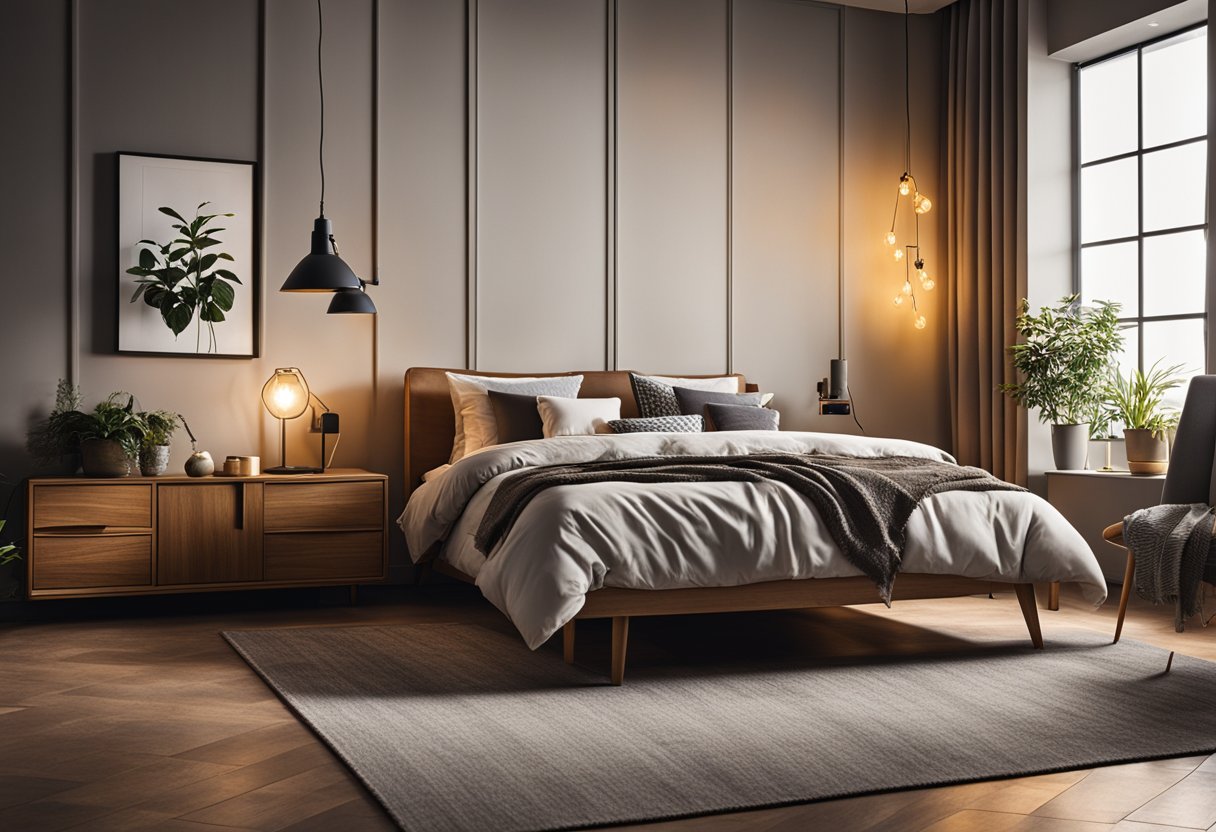 A cozy bedroom with a modern industrial floor lamp casting a warm glow over a stylishly decorated space