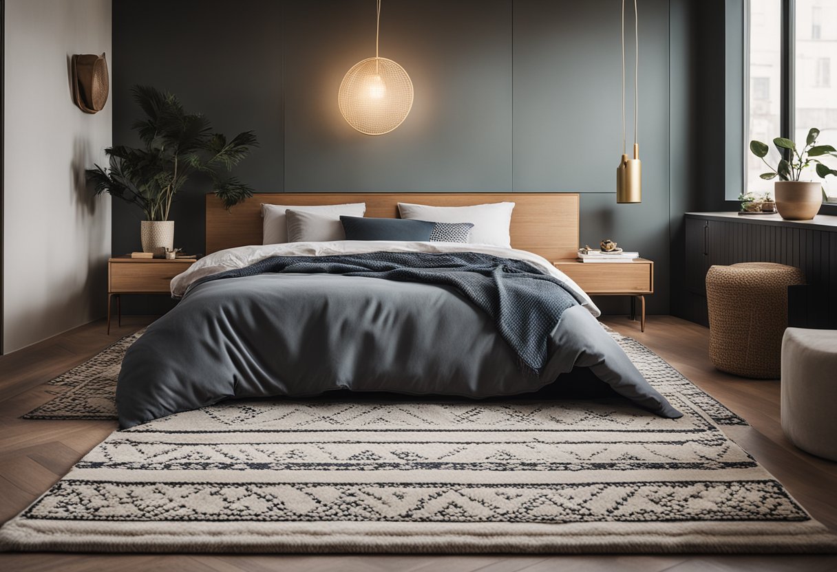 A cozy bedroom with a patterned area rug, soft lighting, and minimalist decor