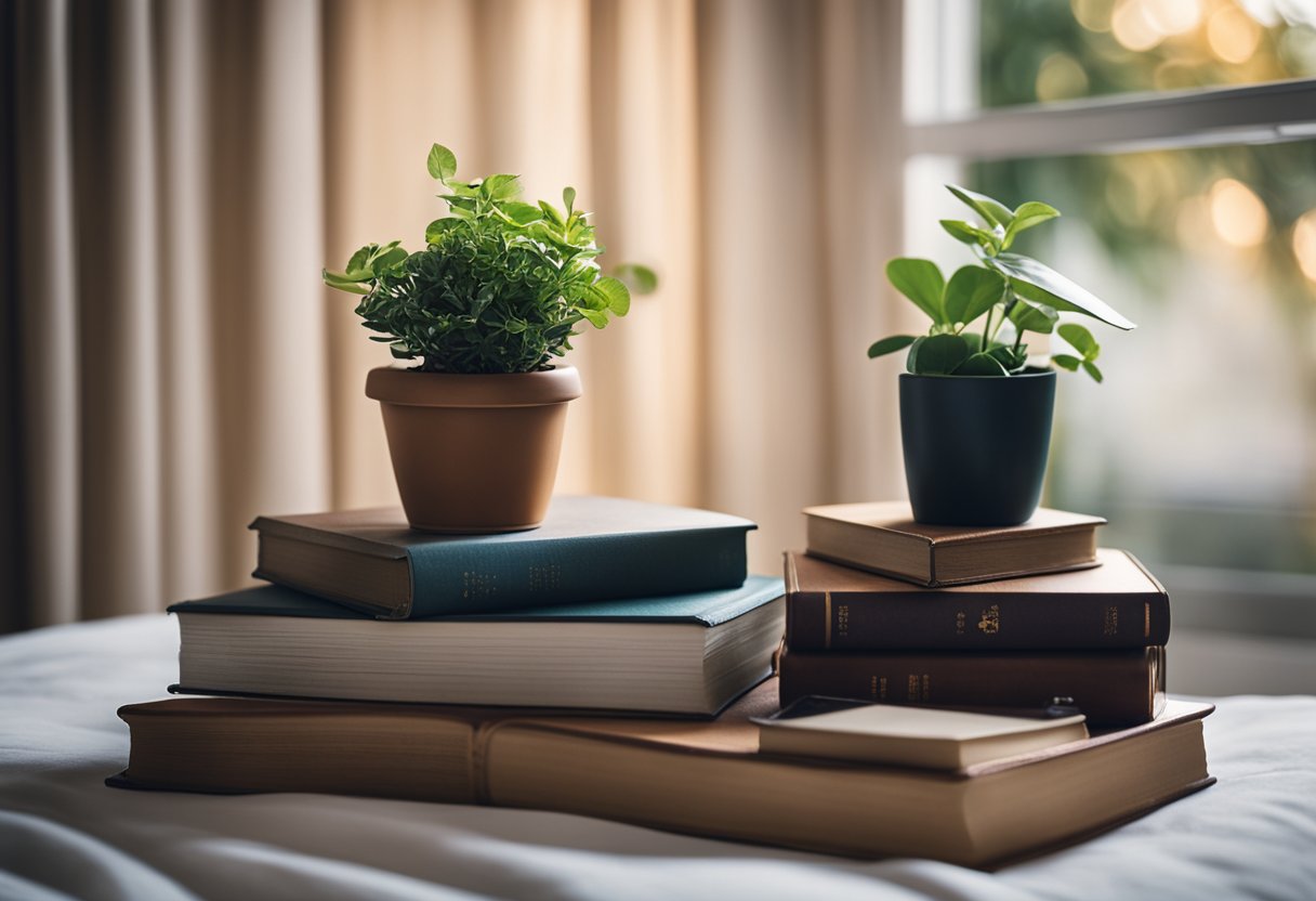 A bedside table with a stack of books, a reading lamp, and a small potted plant