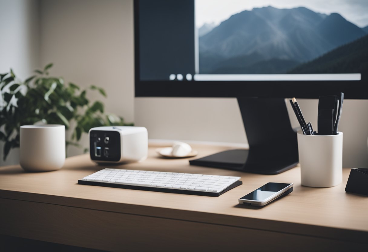 A sleek desk organizer sits on a tidy desk in a minimalist apartment bedroom