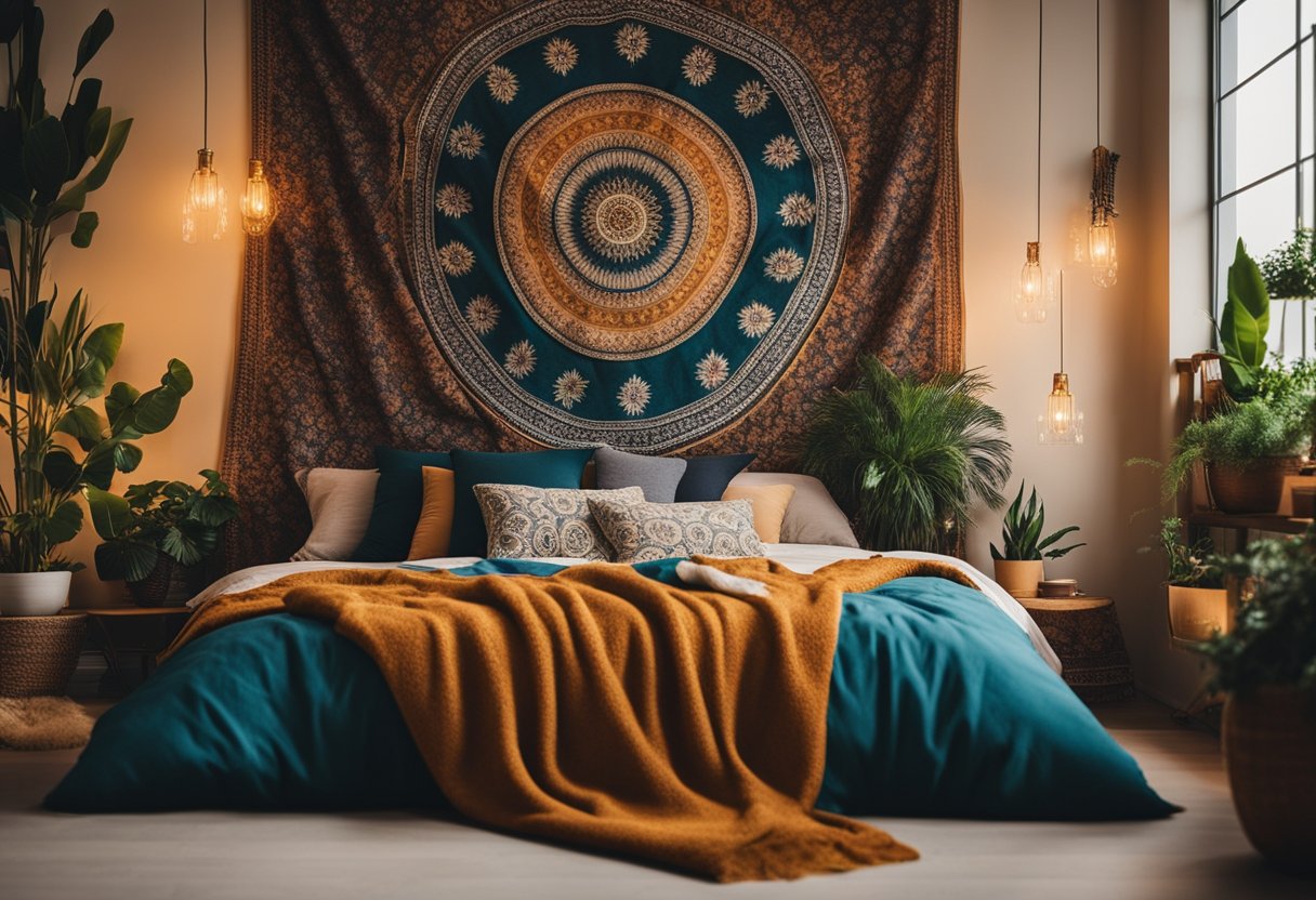 A cozy bedroom with eclectic decor, featuring a bohemian tapestry as the focal point. Plants, warm lighting, and colorful textiles complete the inviting atmosphere