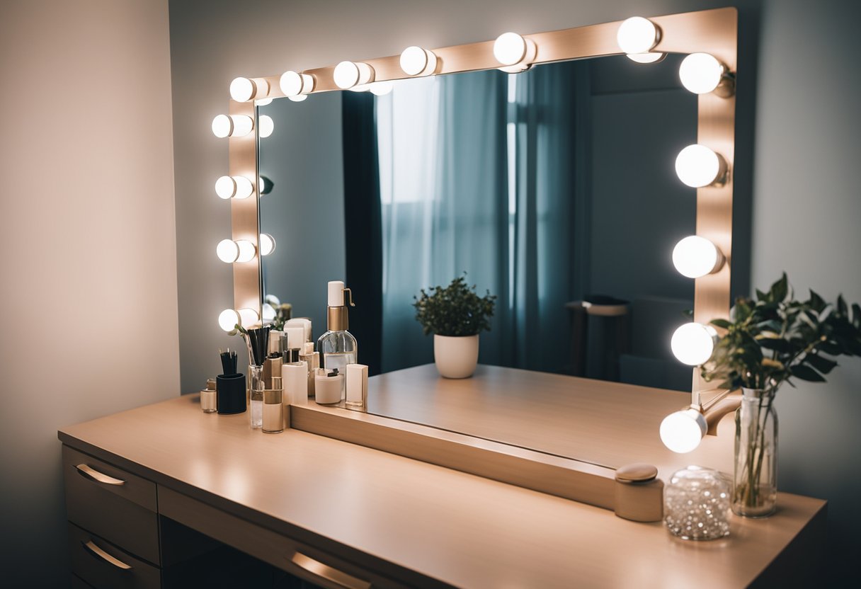 A vanity mirror with bright lights hangs above a sleek dresser in a modern apartment bedroom