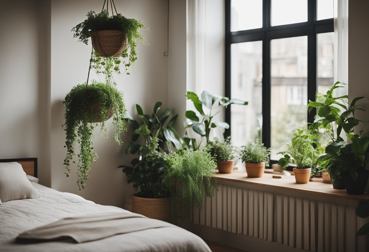 A cozy bedroom with a large window and a hanging plant holder suspended from the ceiling, adding a touch of greenery to the space