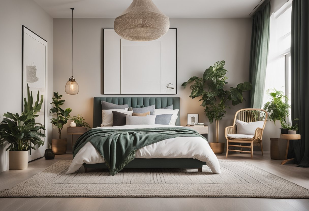 A cozy bedroom with a mix of decorative elements such as wall art, throw pillows, plants, and a stylish rug