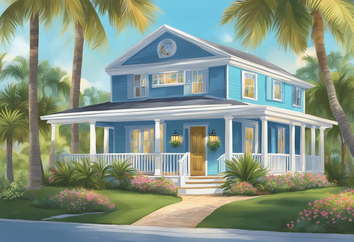 A sunny day in Tampa Bay, a quaint home with a "Contact Us" sign, surrounded by palm trees and a clear blue sky