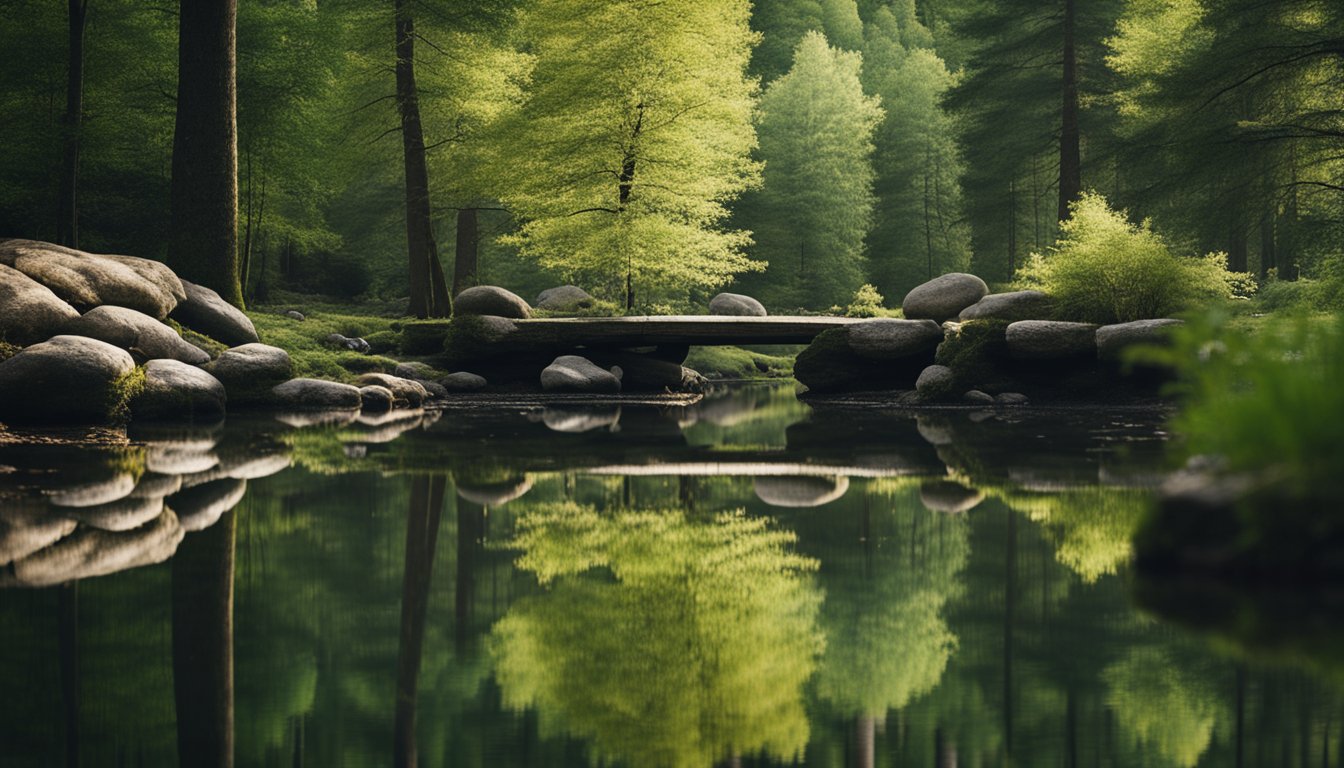 A serene forest clearing with a small pond reflecting the surrounding trees, rocks, and a hidden animal den