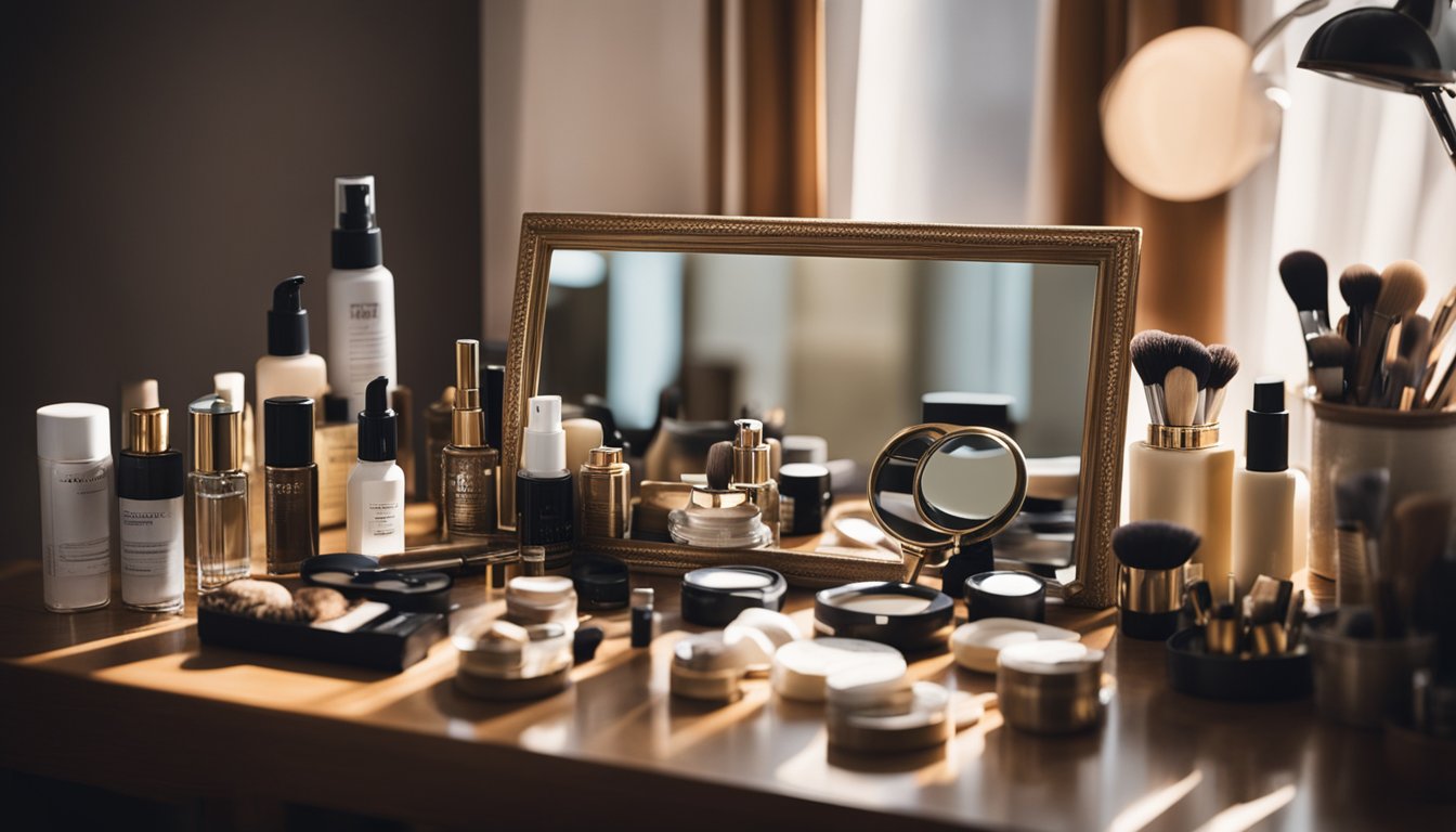 A cluttered table with beauty products, a mirror, and a magnifying glass. A sign reads "The Dupe Spot." Light streams in from a nearby window