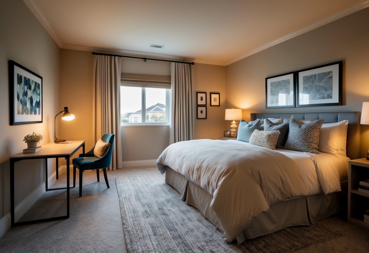 A cozy bedroom with a large bed, soft bedding, and warm lighting. A small desk with a chair and a bookshelf. Decorative pillows and artwork on the walls