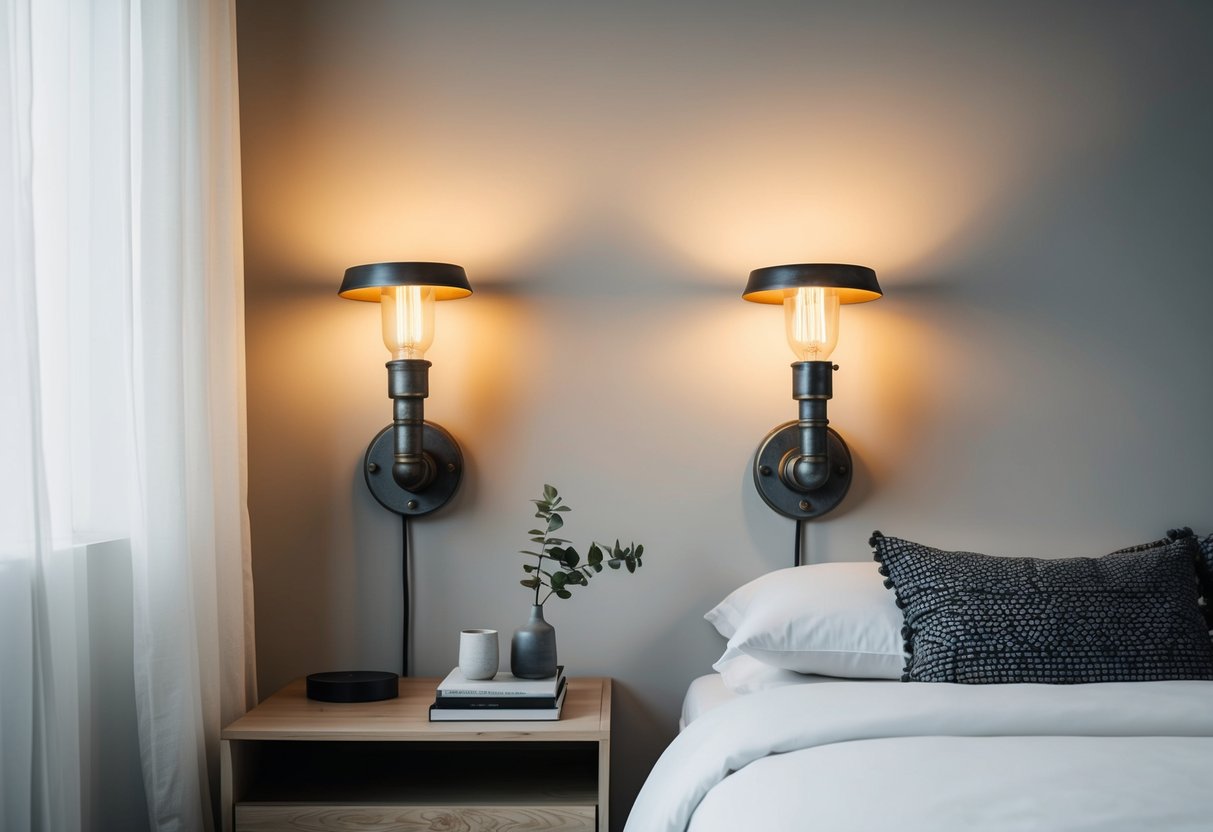 Two industrial bedside sconces illuminate a modern apartment bedroom with minimalist decor and a cozy atmosphere