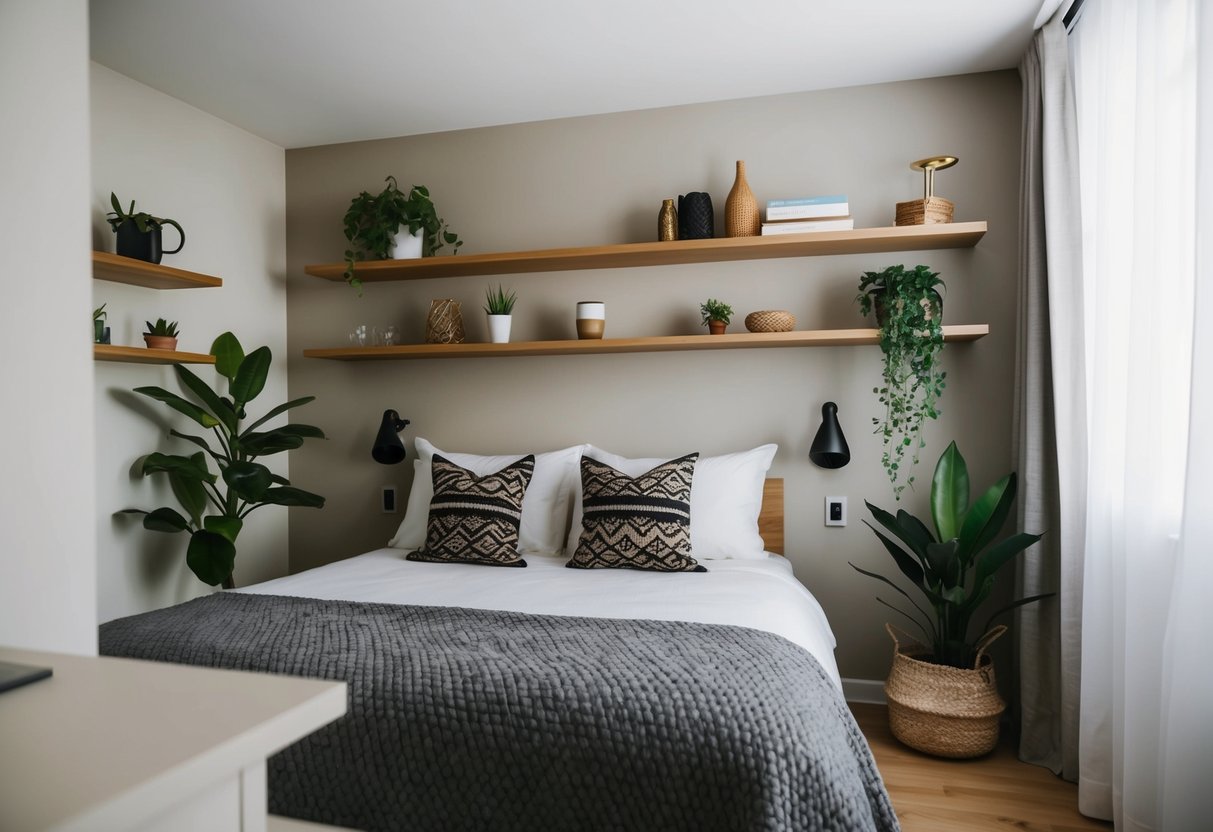 A cozy apartment bedroom with wall-mounted floating shelves showcasing decorative items and plants