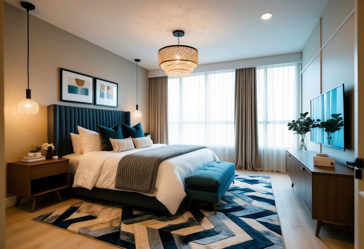 A cozy bedroom with a modern geometric area rug, stylish decor, and soft lighting