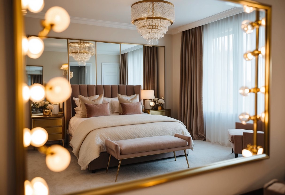 A cozy bedroom with gold accent mirrors reflecting soft lighting and elegant decor