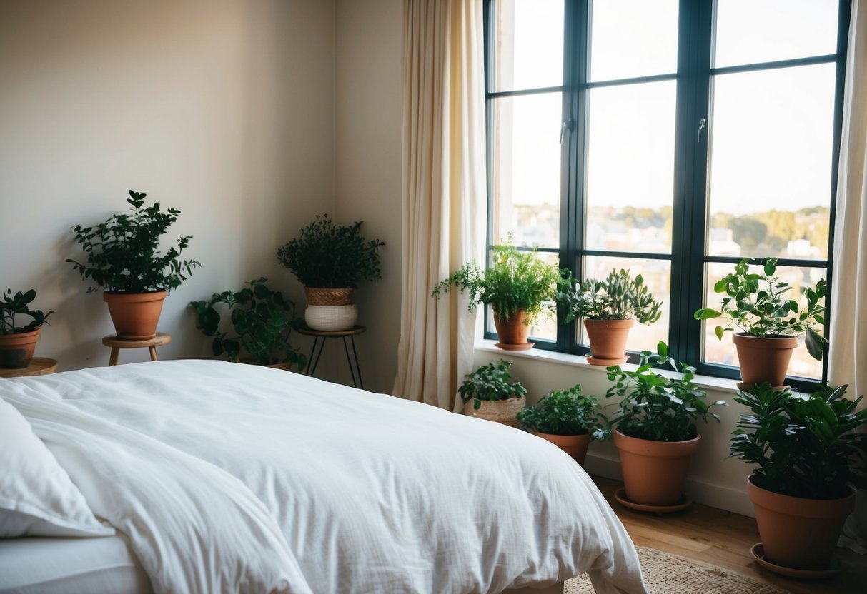 A cozy bedroom with a large window, a bed with crisp white linens, and an array of potted greenery scattered throughout the room