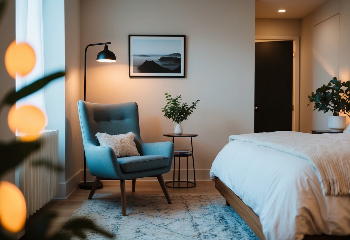 A cozy Mid-Century Modern armchair sits in a stylish apartment bedroom, surrounded by minimalist decor and warm lighting