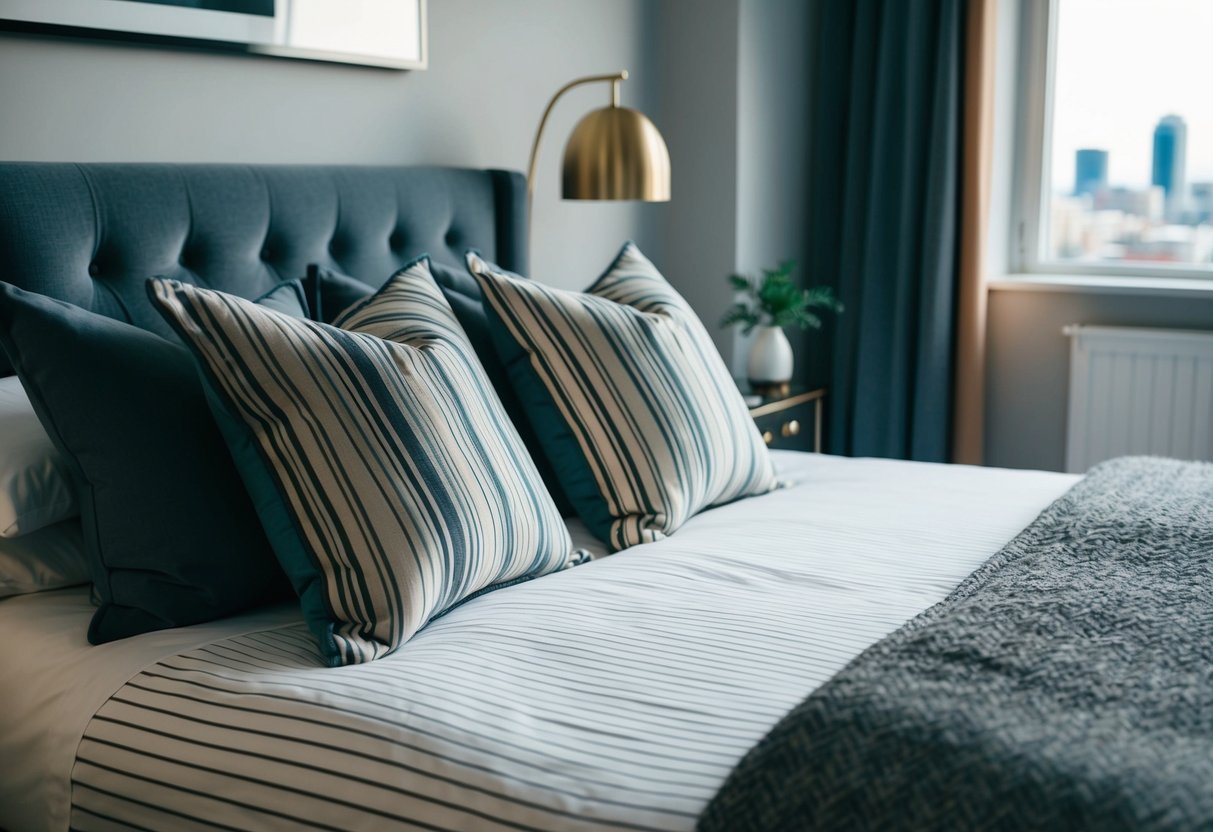 A cozy bed with patterned throw pillows in a stylish apartment bedroom