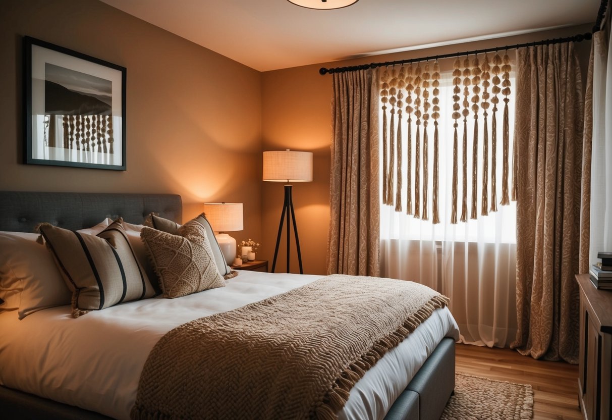 A cozy bedroom with tassel fringe curtains, warm lighting, and stylish decor