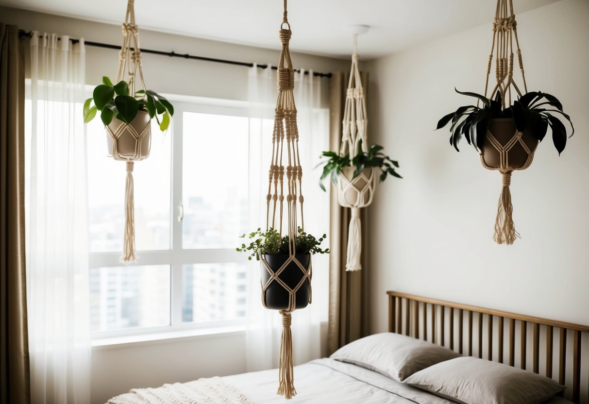 Several macrame planters hang from the ceiling in a cozy apartment bedroom, adding a touch of bohemian style to the space