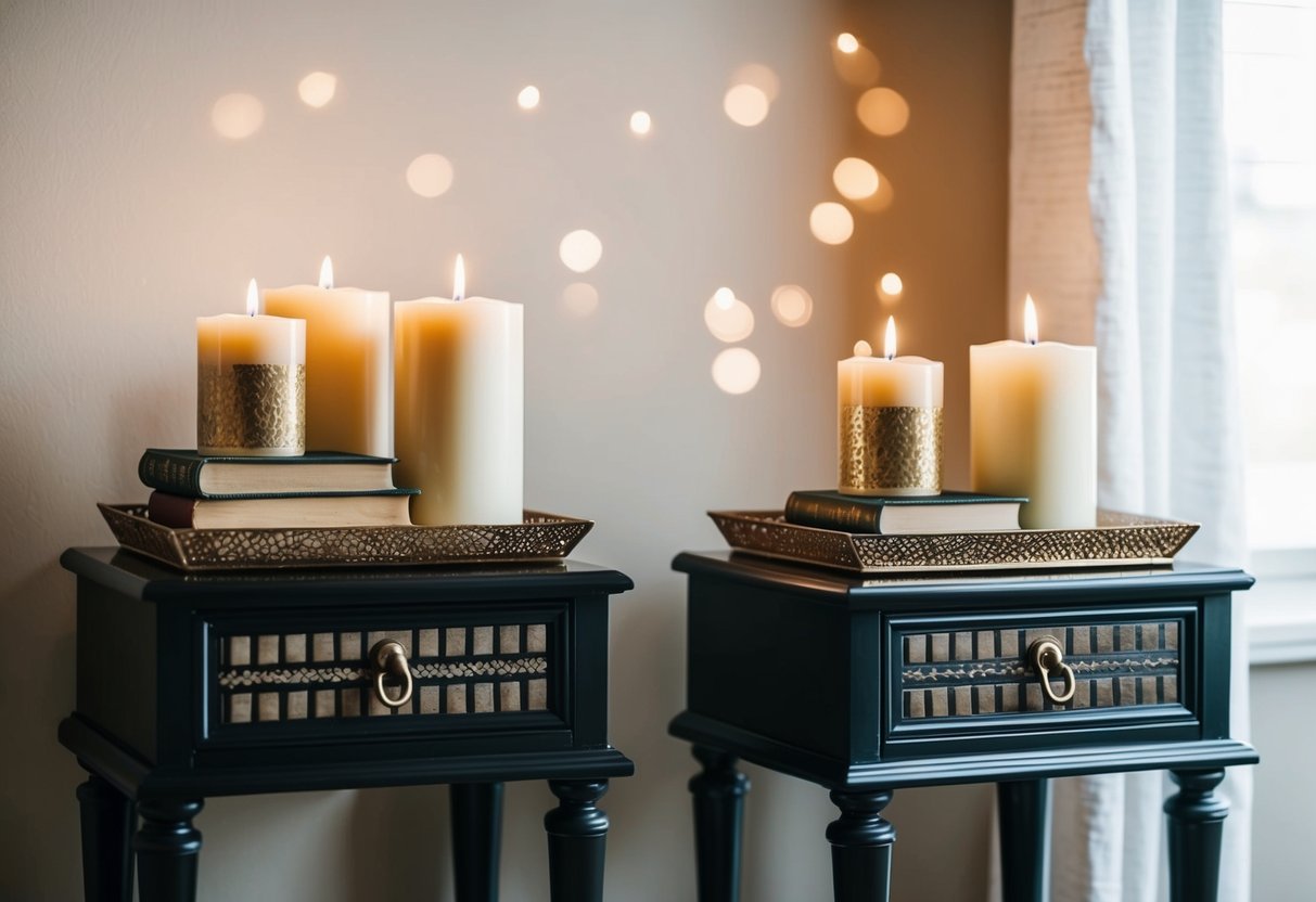 Two nightstands with decorative trays holding candles and books