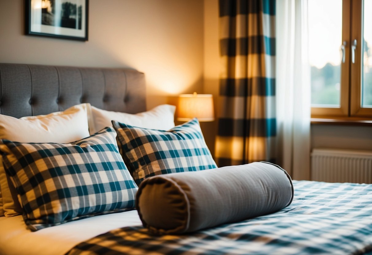 A cozy bedroom with a plaid bedspread, soft pillows, and warm lighting