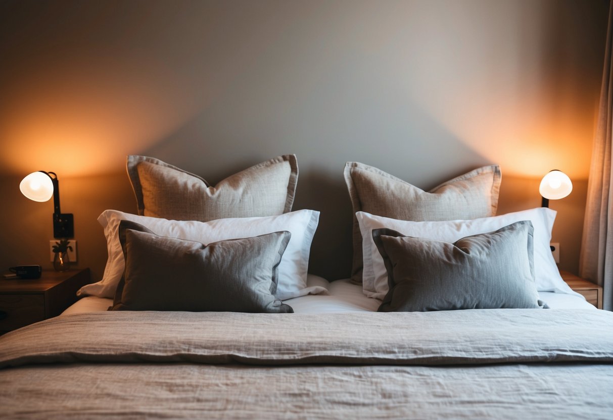 A cozy bedroom with linen bedding, soft pillows, and warm lighting