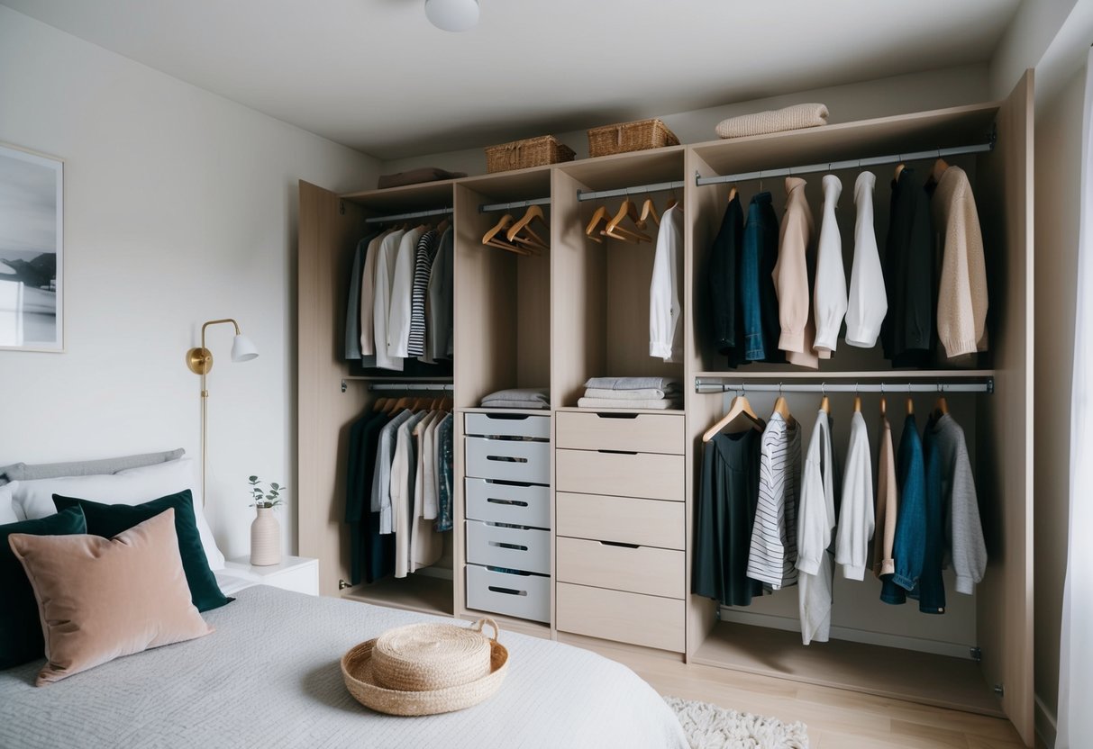 A small apartment bedroom with a custom closet organizer filled with neatly arranged clothes and accessories. The room is cozy and well-organized, with minimalist decor and soft lighting