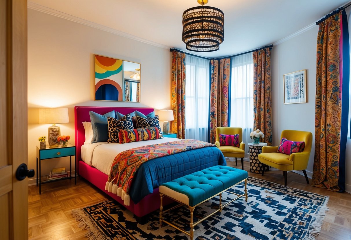 A cozy apartment bedroom with eclectic decor, featuring a mix of modern and vintage furniture, bold patterns, and vibrant colors