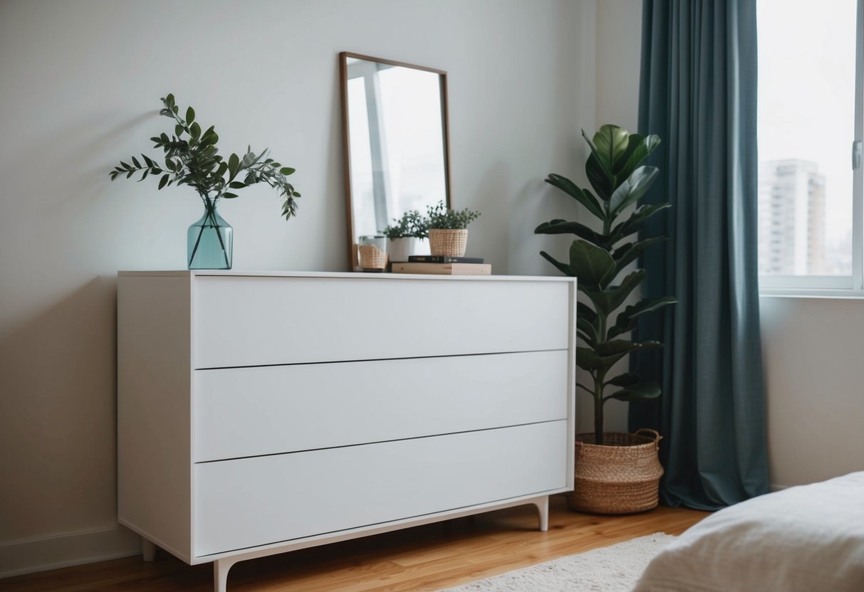 A simple, modern dresser with clean lines and minimal decoration in a cozy apartment bedroom