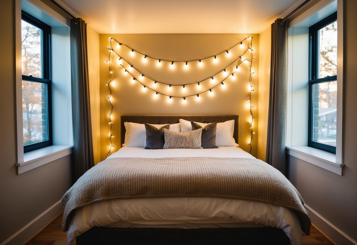 A cozy bedroom with string lights draped around the headboard and windows, casting a warm and inviting glow throughout the space