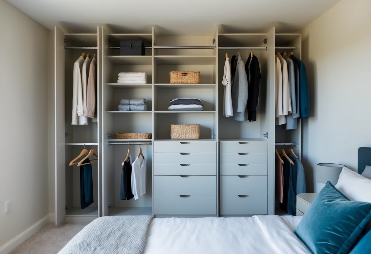 A modern, organized built-in closet in a cozy apartment bedroom with neatly arranged shelves, hanging rods, and drawers