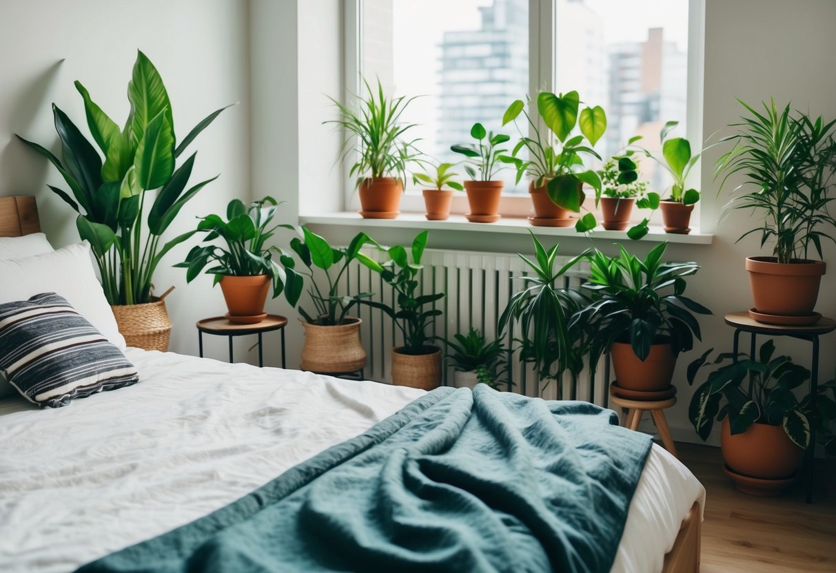 A cozy apartment bedroom with a variety of indoor plants scattered around the room, adding a touch of greenery and life to the space