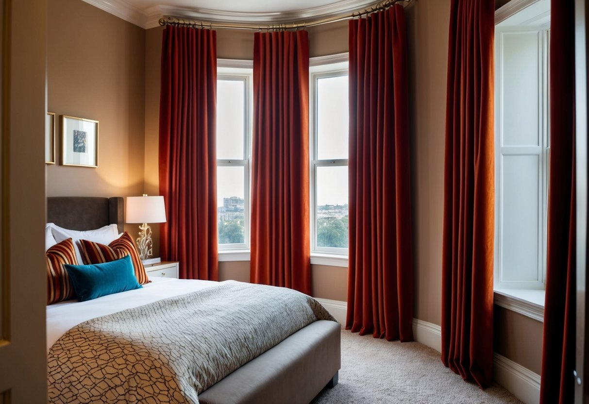 The bedroom is adorned with bold, floor-length curtains in a rich color, adding a dramatic and luxurious touch to the space