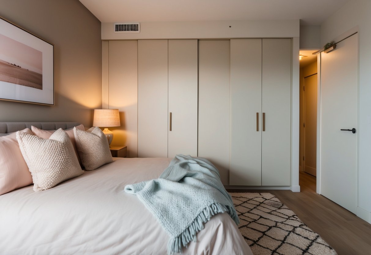 A cozy apartment bedroom with a neutral color palette, featuring soft pastel accents, warm lighting, and a mix of textures in the decor