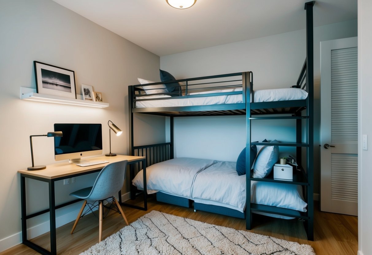 A cozy apartment bedroom with a loft bed, storage solutions, and a wall-mounted desk to maximize space