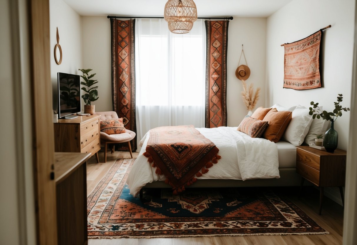 A cozy bedroom with a bohemian area rug, eclectic decor, and soft lighting