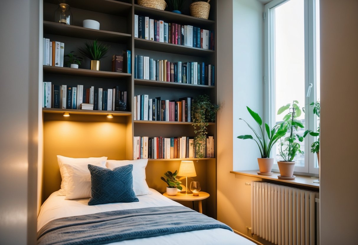 A cozy apartment bedroom with wall-mounted bookshelves filled with books, plants, and decorative items. A bedside lamp provides warm lighting