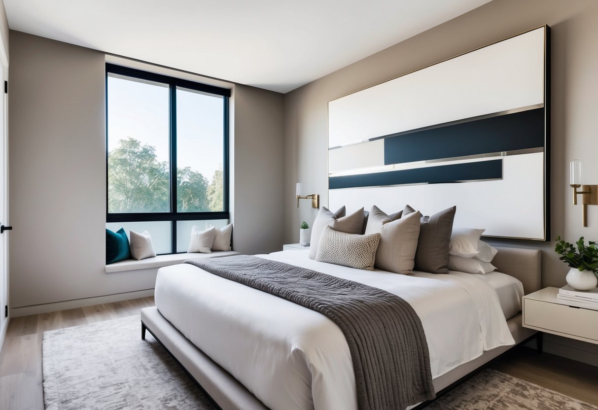 A bedroom with a large, abstract wall art piece as the focal point. The room is modern and minimalist, with neutral colors and clean lines