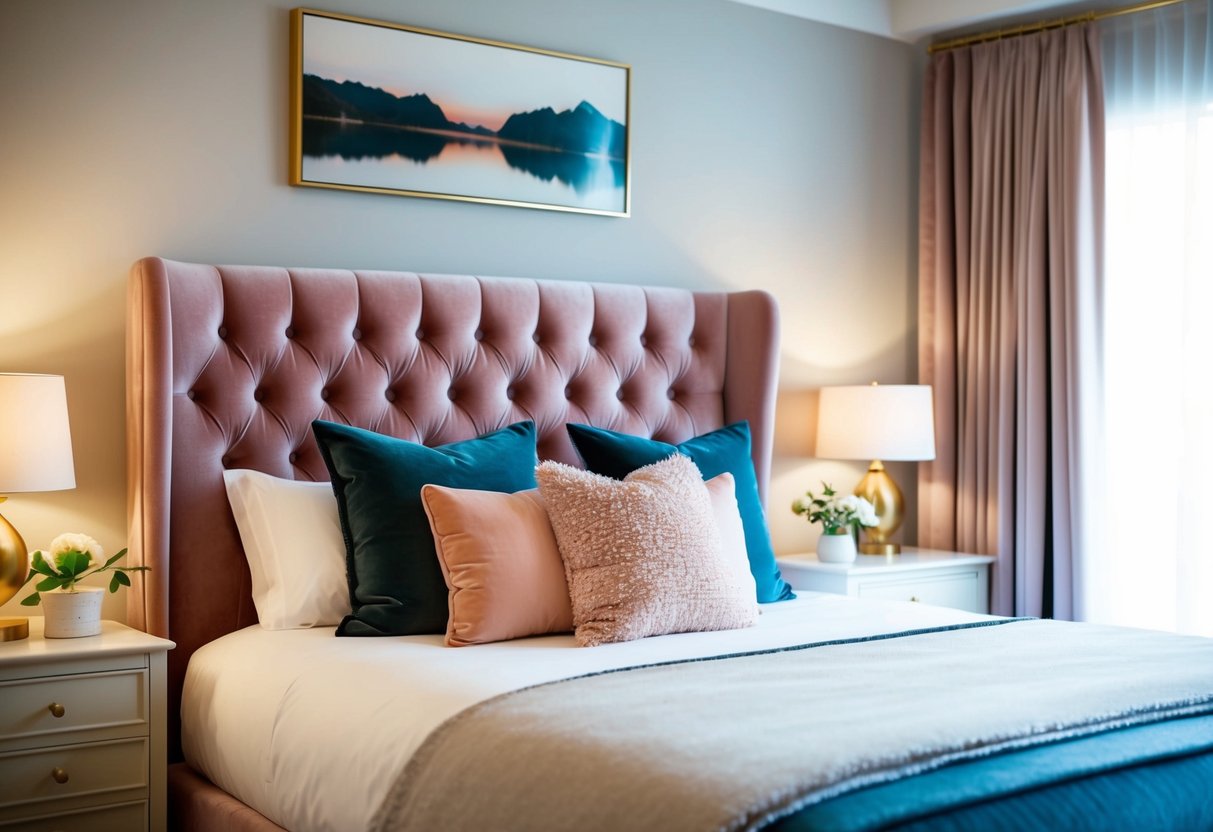 A cozy bedroom with a plush velvet tufted headboard, soft lighting, and stylish decor