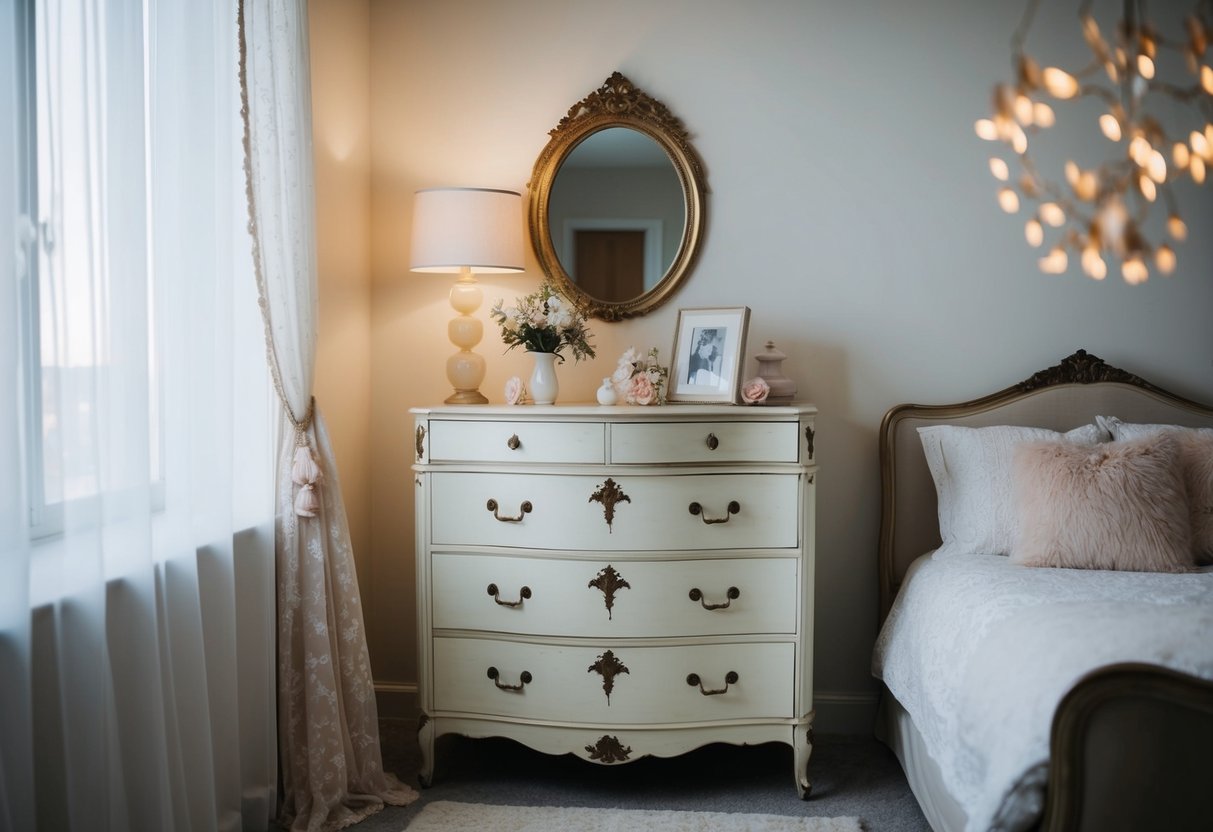 A vintage dresser sits in a cozy apartment bedroom, adorned with delicate decor and surrounded by soft lighting