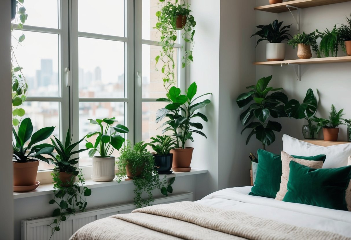 A cozy bedroom with a variety of indoor plants arranged on shelves and windowsills, adding a touch of greenery to the apartment decor